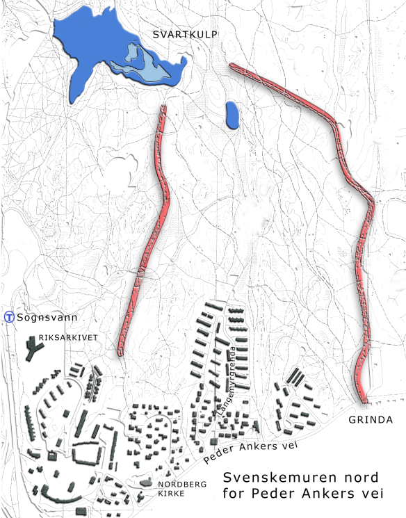 Kartet viser hvor muren går nord for Peder Ankers vei.Ill.: Carsten Berg Høgenhoff 2010, basert på orienteringskart.