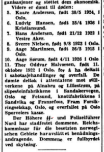 Aftenposten 9. februar 1945, med kunngjøring av dødsdommene over sju hagebygutter fra Pelle-gruppa. Samtidig ble to andre med Milorg-tilknytning dømt og henrettet.